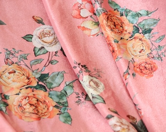 1 yard-Candy pink velvet with light orange yellow and cream roses printed velvet fabric-floral print orange roses on bright pink fabric