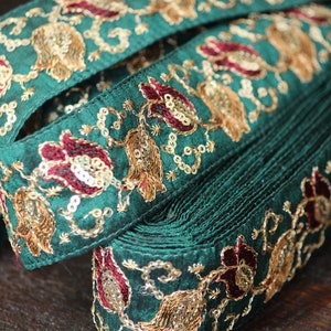 Ribbon by the yard- Green embellished gold Indian embroidery ribbon- fabric ribbon-metallic wedding ribbon