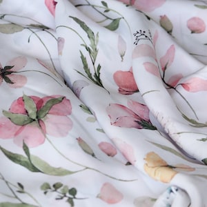 1 yard-Off white satin charmeuse with beautiful watercolor floral print- pink pea flower and daisies print pink floral with green foliage