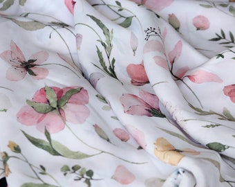 1 yard-Off white satin charmeuse with beautiful watercolor floral print- pink pea flower and daisies print pink floral with green foliage