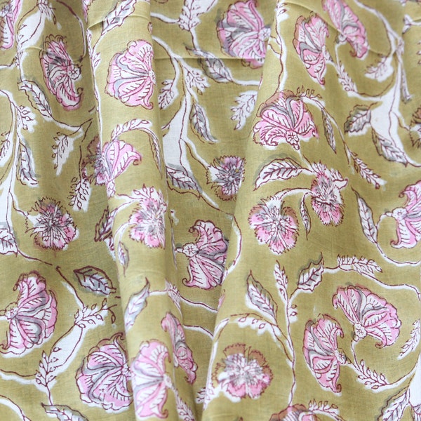 1 yard-Olive green and pink floral hand printed cotton fabric-Olive, pink and grey floral vines -girls dress fabric/quilting/decor