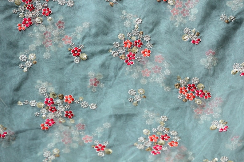 Organza fabric by half yard-light green organza embroidery Indian embellished fabric-red and orange floral embroidery