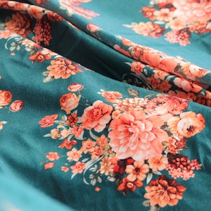1 yard-Teal green velvet with peach pink brown roses printed velvet fabric-floral print orange roses on bright teal fabric