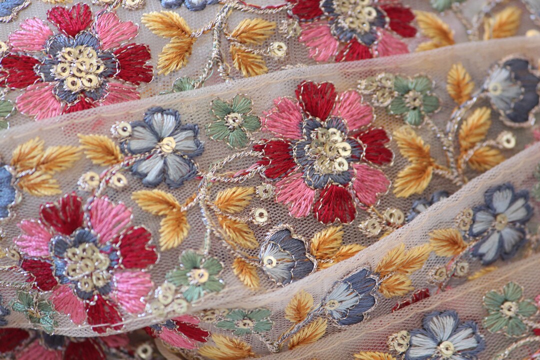 1 Yard-red Pink Yellow Floral Thread Embroidery Ribbon on Mesh Fabric ...