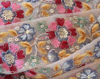 1 yard-Red Pink yellow floral thread embroidery ribbon on mesh fabric-Rose pink, red, yellow, grey and dusty blue-/bow/sequin highlights