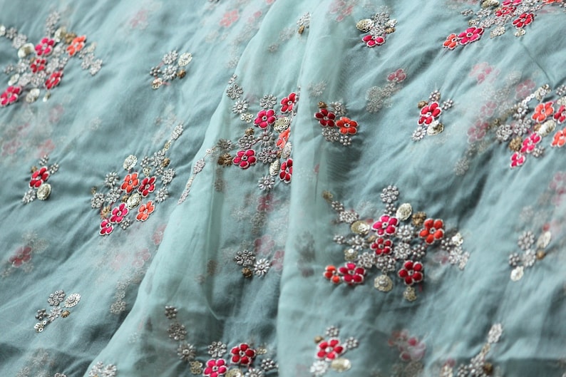 Organza fabric by half yard-light green organza embroidery Indian embellished fabric-red and orange floral embroidery