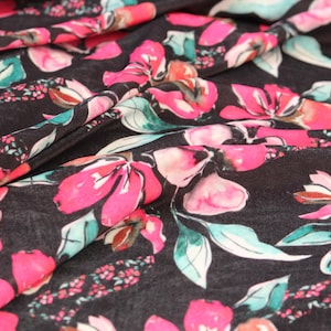 1 yard-Black floral velvet print fabric-hot pink, turquoise, green, orange watercolor flower print- bridal luxe robe fabric