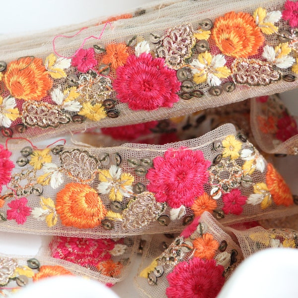 1 yard-Rose orange yellow floral ribbon embroidered mesh- Indian embroidery ribbon-bouquet wrap-flower wedding ribbon