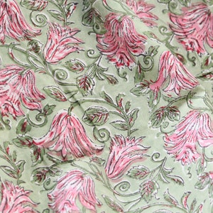 1 yard-Motif floral rose vert imprimé à la main tissu de coton-imprimé rose floral rose avec feuilles vertes-mode filles robe tissu / courtepointe / décor image 5