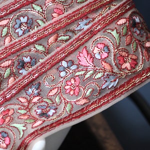 1 yard-Pastel floral thread embroidery ribbon on beige mesh fabric-pink, blue, peach green and sequin highlights floral trim-girls bow trim