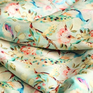 1 yard-Mint pastel green luxurious satin charmeuse fabric by the yard-green, pink, blue, peach dreamy watercolor floral and bird print