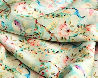 1 yard-Mint pastel green luxurious satin charmeuse fabric by the yard-green, pink, blue, peach dreamy watercolor floral and bird print