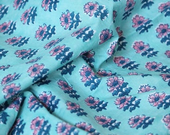 1 yard-Aqua Blue and salmon pink floral hand block printed cotton fabric by the yard-pink floral cotton fabric- blue cotton fabric