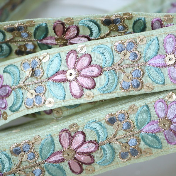 1 yard-Pastel mint floral thread embroidery extra wide ribbon on grey mesh fabric-lavender purple, green and blue thread embroidery