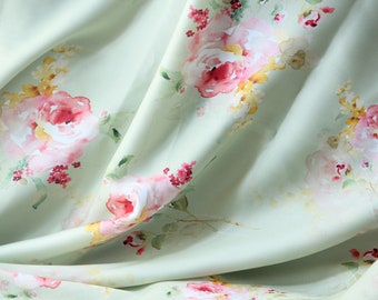 1 yard-luxurious satin charmeuse fabric by the yard-pastel mint watercolor look roses printed satin fabric-print pink roses-floral fabric