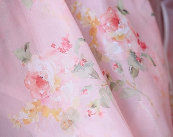 1 yard-Peach pink organza fabric by the yard-Bright watercolor look floral printed organza fabric-floral fabric-print Red roses-sheer fabric