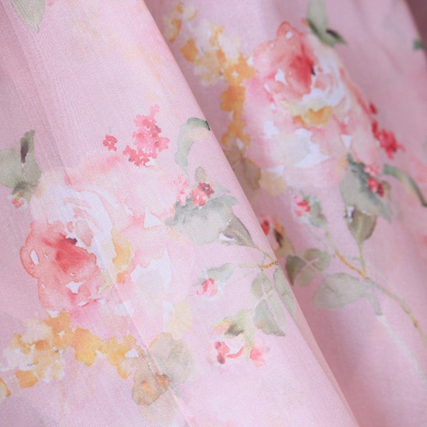 1 yard-Peach pink organza fabric by the yard-Bright watercolor look floral printed organza fabric-floral fabric-print Red roses-sheer fabric