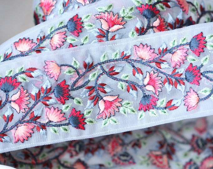 1 Yard-dove Grey Blue Floral Thread Embroidery Ribbon on Mesh Fabric ...
