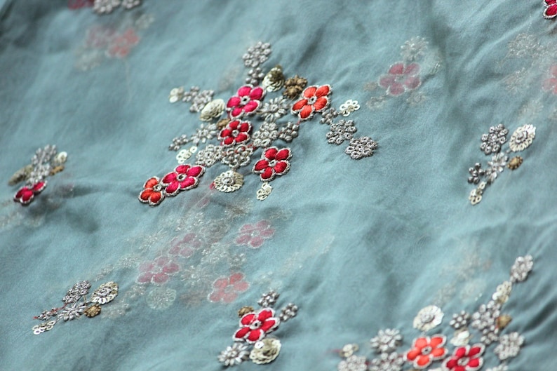 Organza fabric by half yard-light green organza embroidery Indian embellished fabric-red and orange floral embroidery