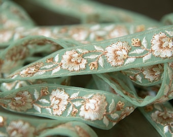 1 yard-Mint green floral thread embroidery ribbon on mesh fabric -pastel mint and beige floral trim for bow making, edging-dress making