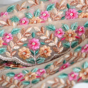 1 yard-Rose pink, great yellow floral thread embroidery ribbon on mesh fabric-dark rose, yellow with green leaf-sequin highlights