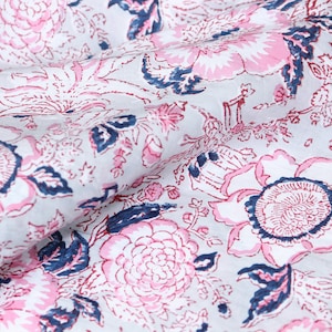 1 yard-Grey with Red pink and blue hand printed cotton fabric by the yard-hand block print floral fabric-Pink blue white flowers
