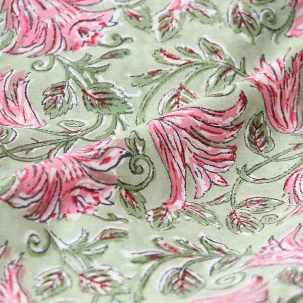 1 yard-Green pink floral motif hand printed cotton fabric-rose pink floral print with green leaves-fashion girls dress fabric/quilting/decor