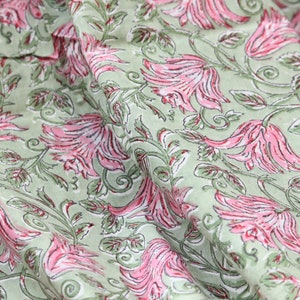 1 yard-Motif floral rose vert imprimé à la main tissu de coton-imprimé rose floral rose avec feuilles vertes-mode filles robe tissu / courtepointe / décor image 2