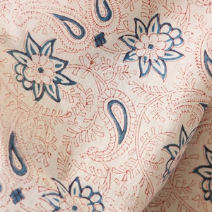 1 yard-Off-white and delicate red paisley hand block printed cotton fabric - blue floral cotton fabric by the yard