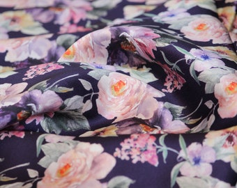 1 yard-Plum purple luxe satin charmeuse fabric by the yard-purple, black, ivory, blush and pink watercolor floral print