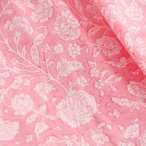1 yard-Candy pink floral hand printed cotton fabric-Monotone pink and white floral vines -girls dress fabric/quilting/decor