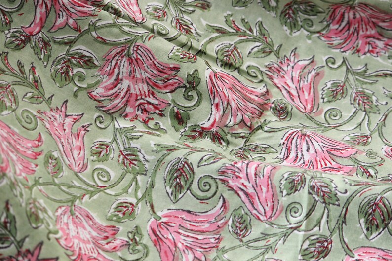 1 yard-Motif floral rose vert imprimé à la main tissu de coton-imprimé rose floral rose avec feuilles vertes-mode filles robe tissu / courtepointe / décor image 7