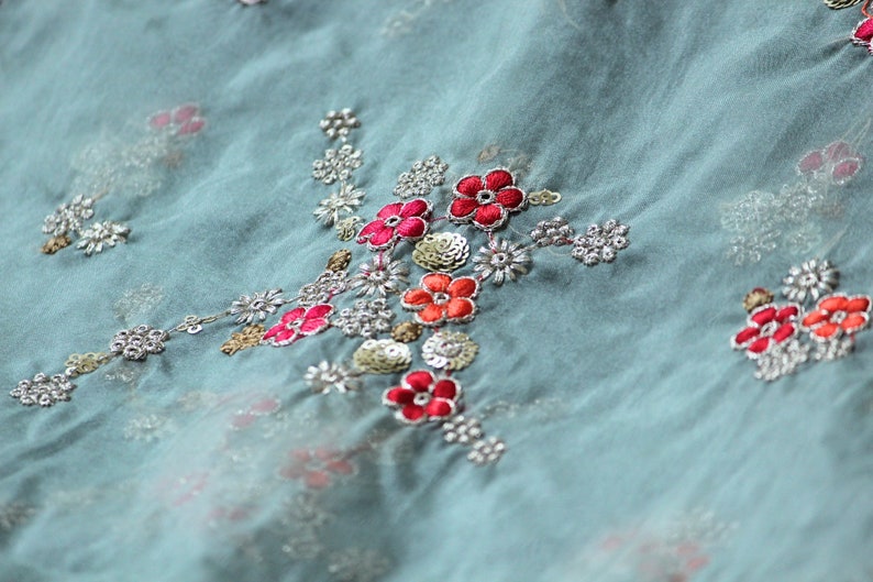 Organza fabric by half yard-light green organza embroidery Indian embellished fabric-red and orange floral embroidery