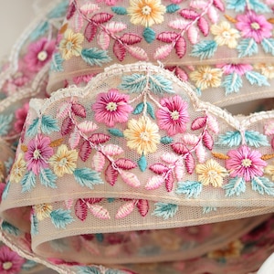 1 yard-Rose pink yellow floral thread embroidery ribbon on mesh fabric-Rose pink, light pink, yellow with aqua leaf-sequin highlights