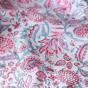 1 yard-Grey with Red pink and blue hand printed cotton fabric by the yard-hand block print floral fabric-Pink and red flowers
