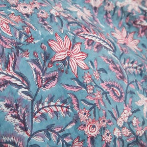 1 yard-Teal blue with pink and red floral vines hand block printed cotton fabric-dress fabric/quilting/decor/hair accessories fabric
