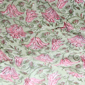 1 yard-Motif floral rose vert imprimé à la main tissu de coton-imprimé rose floral rose avec feuilles vertes-mode filles robe tissu / courtepointe / décor image 4