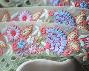 1 yard-Mint green floral thread embroidery ribbon on mesh fabric with scallop edge-Baby pink and yellow floral trim with sequin highlights