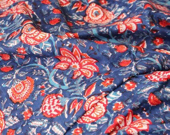 1 yard- Ink Blue with orange red floral hand block printed cotton fabric by the yard-light blue floral cotton fabric-hand printed cotton