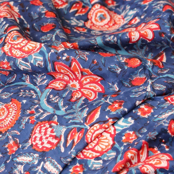 1 yard- Ink Blue with orange red floral hand block printed cotton fabric by the yard-light blue floral cotton fabric-hand printed cotton
