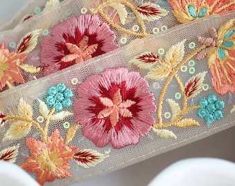 1 yard-Dusty Pink and Orange floral thread embroidery ribbon on mesh fabric-Dusty pink, maroon, orange and light yellow -sequin highlights