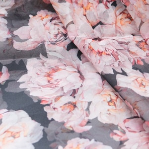 1 yard-black organza fabric-Gorgeous watercolor look roses printed organza fabric-floral fabric-print cream blush roses-sheer fabric