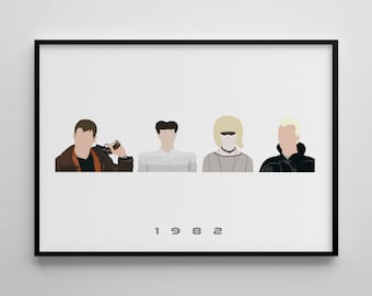 May include: A black and white minimalist poster featuring four figures in a row. The figures are silhouetted and have simple features. The year 1982 is printed below the figures.