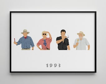 May include: Framed art print featuring stylized illustrations of four characters. The characters are depicted in casual attire, with a neutral background and the year "1993" printed below. The artwork is enclosed in a black frame.
