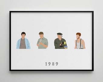 May include: A black framed print with four cartoon illustrations of men. The men are wearing different outfits. The text "1989" is printed below the illustrations.
