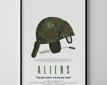 May include: A minimalist poster design for the movie Aliens, featuring a green camouflage helmet with the text "Game Over Man" on it. The title "Aliens" is in white text below the helmet, and the tagline "Stop your grinnin' and drop your linen!" is in smaller white text below the title. The names of the actors and director are listed in smaller white text below the tagline.