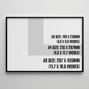 May include: A black framed poster with white text showing the standard sizes of paper in millimeters and inches: A5 size: 148 x 210mm (5.8 x 8.3 inches), A4 size: 210 x 297mm (8.3 x 11.7 inches), A3 size: 297 x 420mm (11.7 x 16.5 inches).