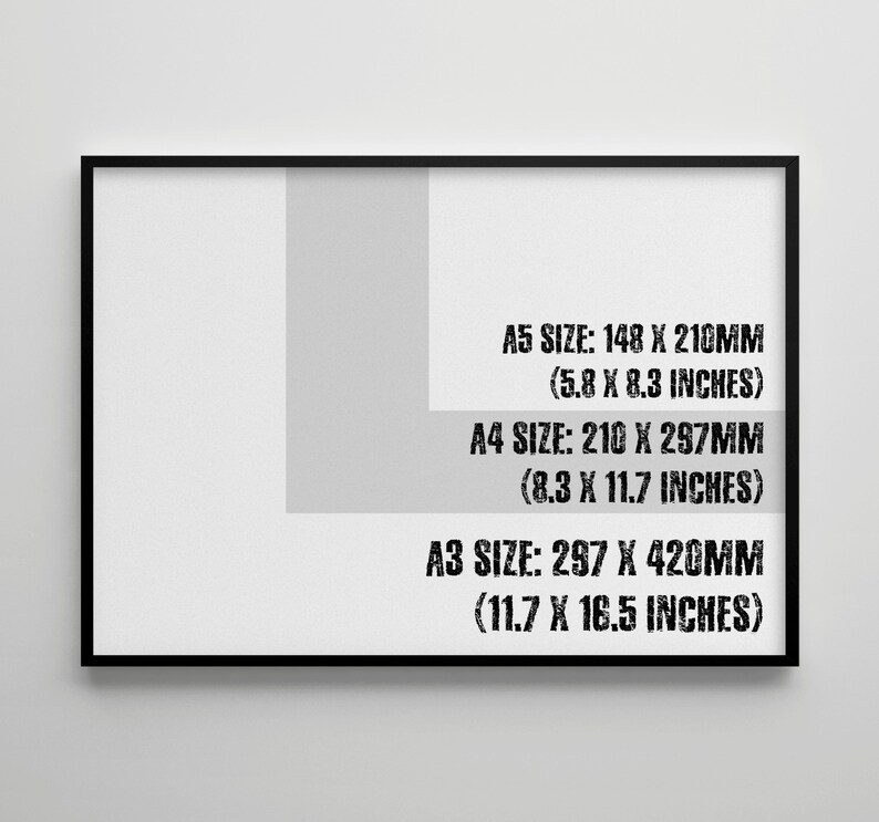 May include: A black framed poster with white text showing the standard sizes of paper in millimeters and inches: A5 size: 148 x 210mm (5.8 x 8.3 inches), A4 size: 210 x 297mm (8.3 x 11.7 inches), A3 size: 297 x 420mm (11.7 x 16.5 inches).