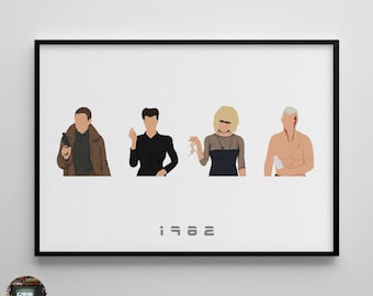 May include: A black and white minimalist poster featuring four figures in silhouette. The figures are arranged in a row, with the text "1982" below them.