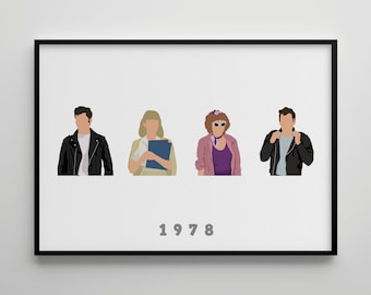 May include: A framed print featuring four cartoon figures in a row. The figures are dressed in 1970s style clothing. The text "1978" is printed below the figures.